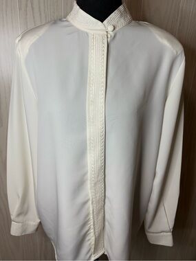 Vintage Ivory High-Neck Embellished Front Blouse Retro Medium